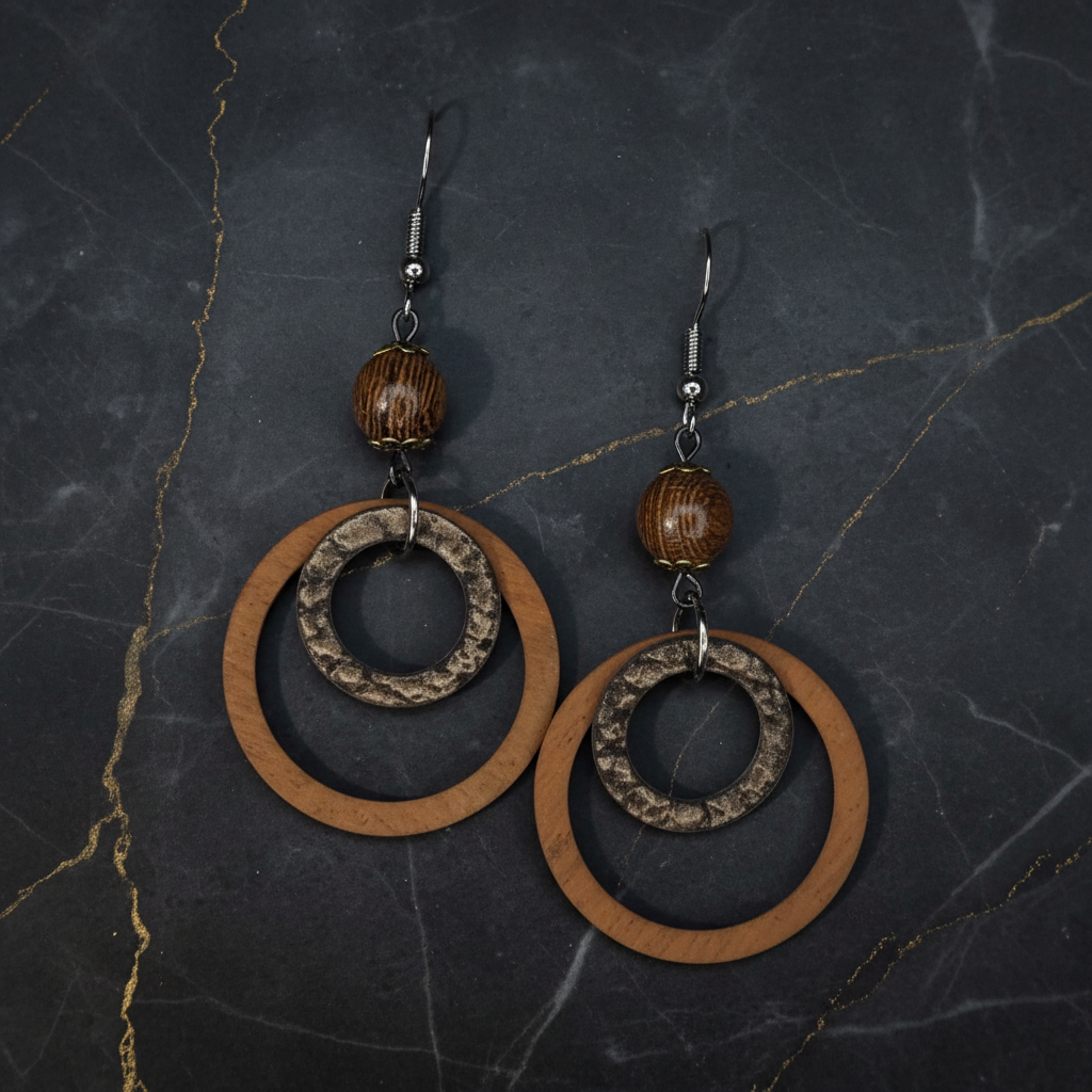 Faux Wood Earrings with Real wooden Beads
