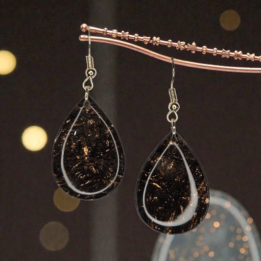 Copper Leaf in Black Teardrop Earrings