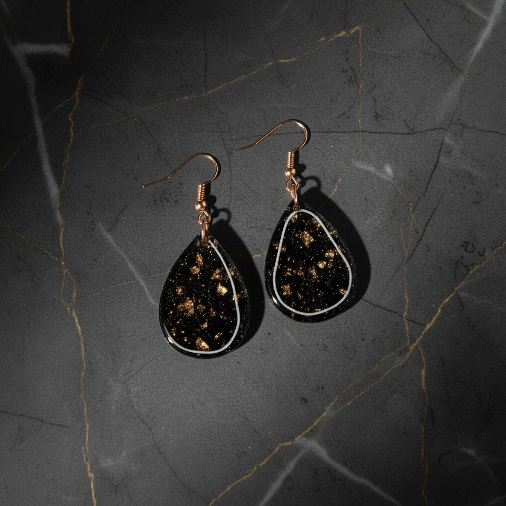 Copper Leaf in Black Teardrop Earrings