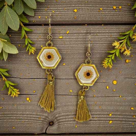 Gold Bezel with Daisy and Tassel Earrings