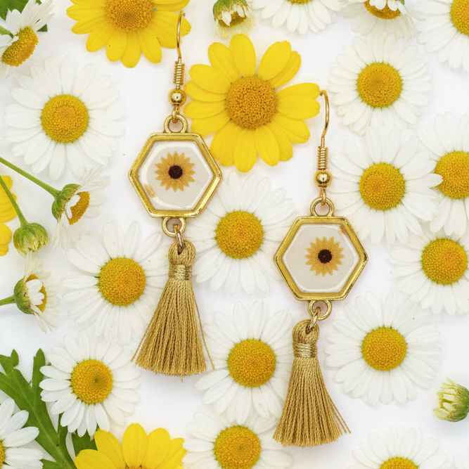 Gold Bezel with Daisy and Tassel Earrings