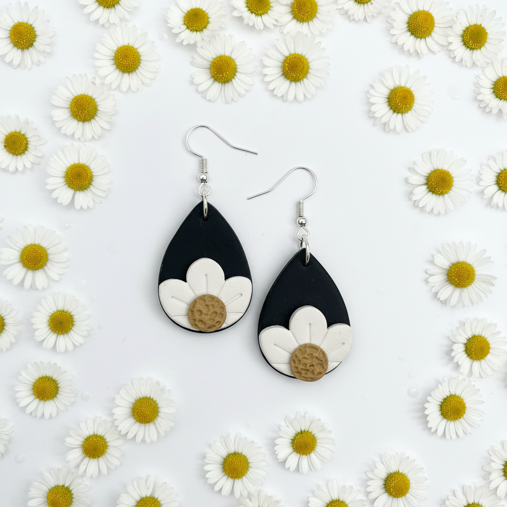 Black Teardrop with Daisy Earrings