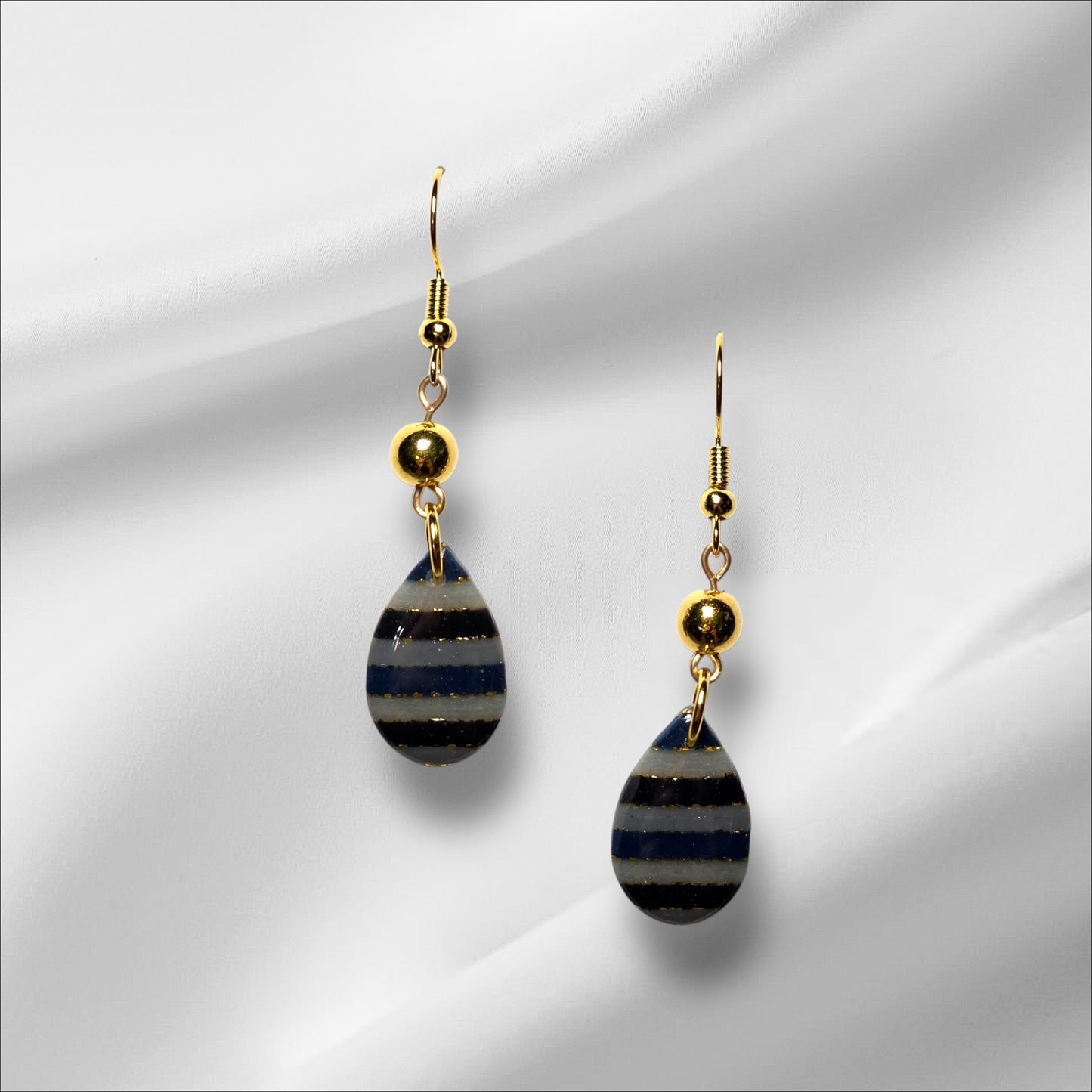 Stripes in Navy Blue Grey and Gold Leaf earrings in Teardrop or Wood top earrings