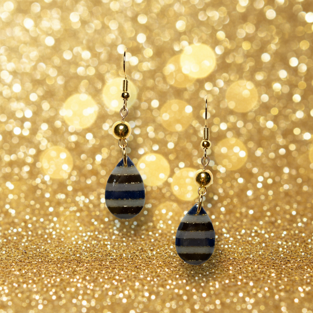 Stripes in Navy Blue Grey and Gold Leaf earrings in Teardrop or Wood top earrings