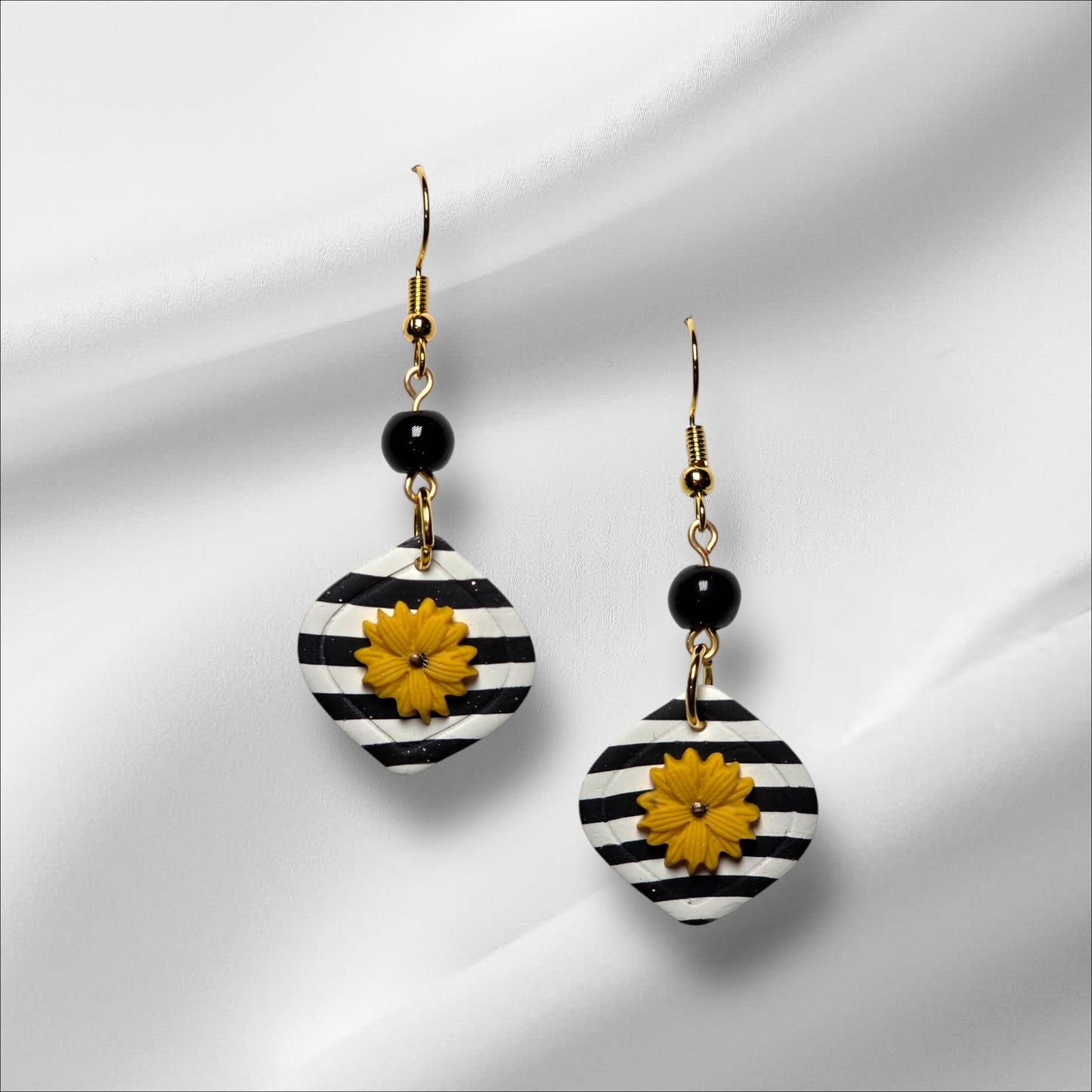 Black and White Stripes with Delicate Yellow Daisy Earrings