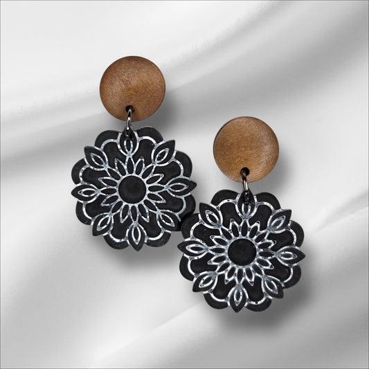 Boho Black Flower Earrings with Wood Stud