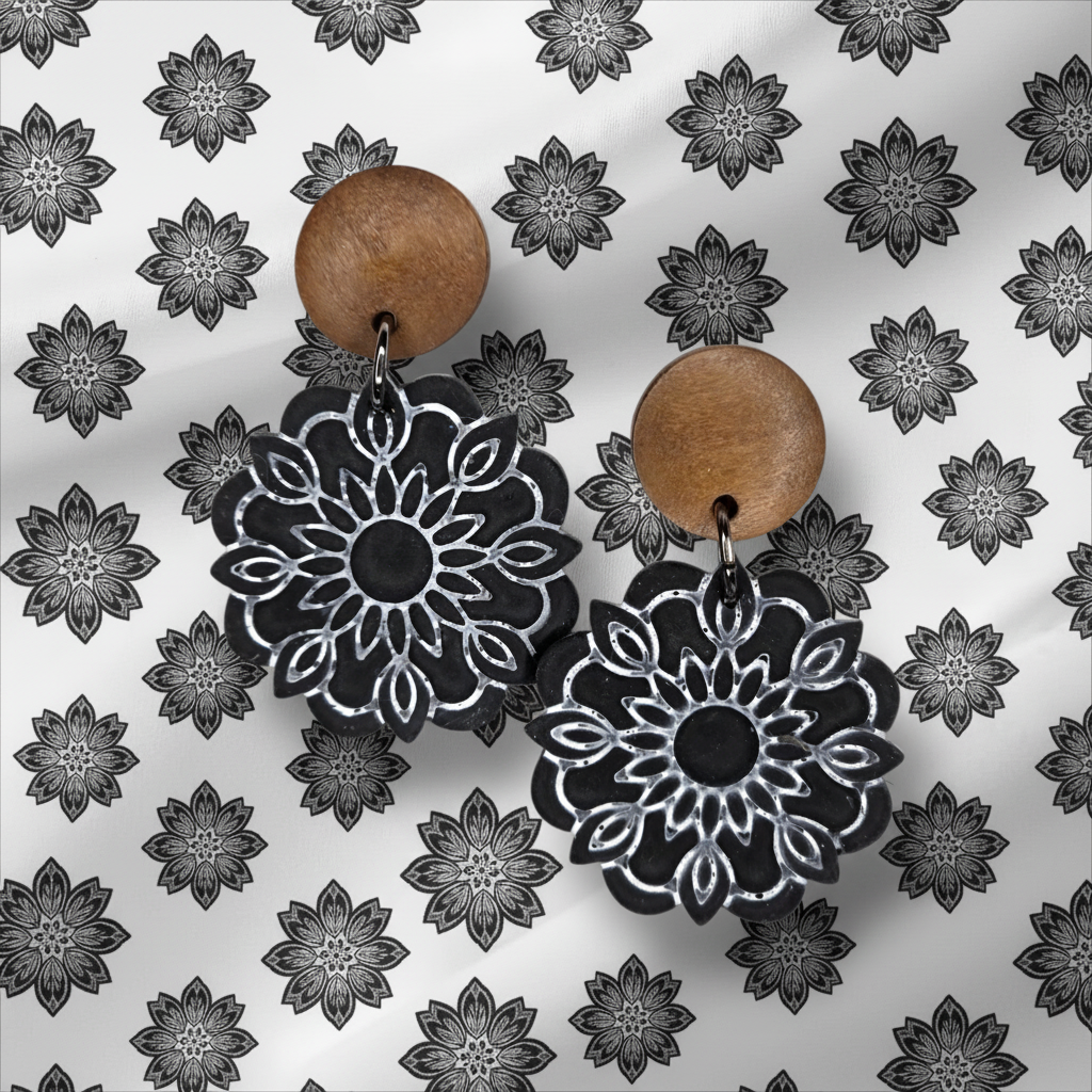 Boho Black Flower Earrings with Wood Stud