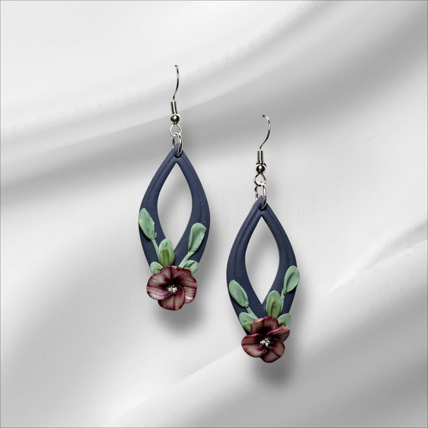 Slate Blue Slender Open Teardrop with Flower Earrings