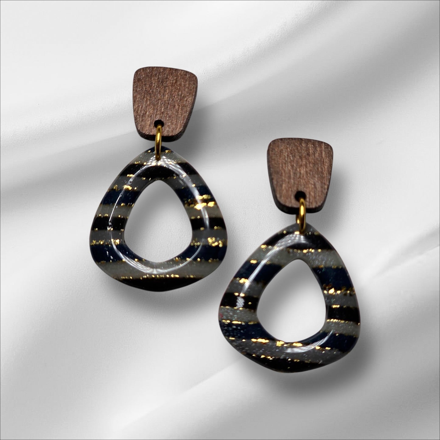 Stripes in Navy Blue Grey and Gold Leaf earrings in Teardrop or Wood top earrings