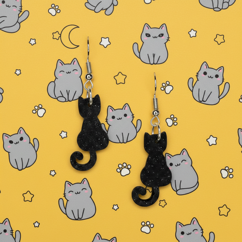 Curly Tail Black Cat Earrings