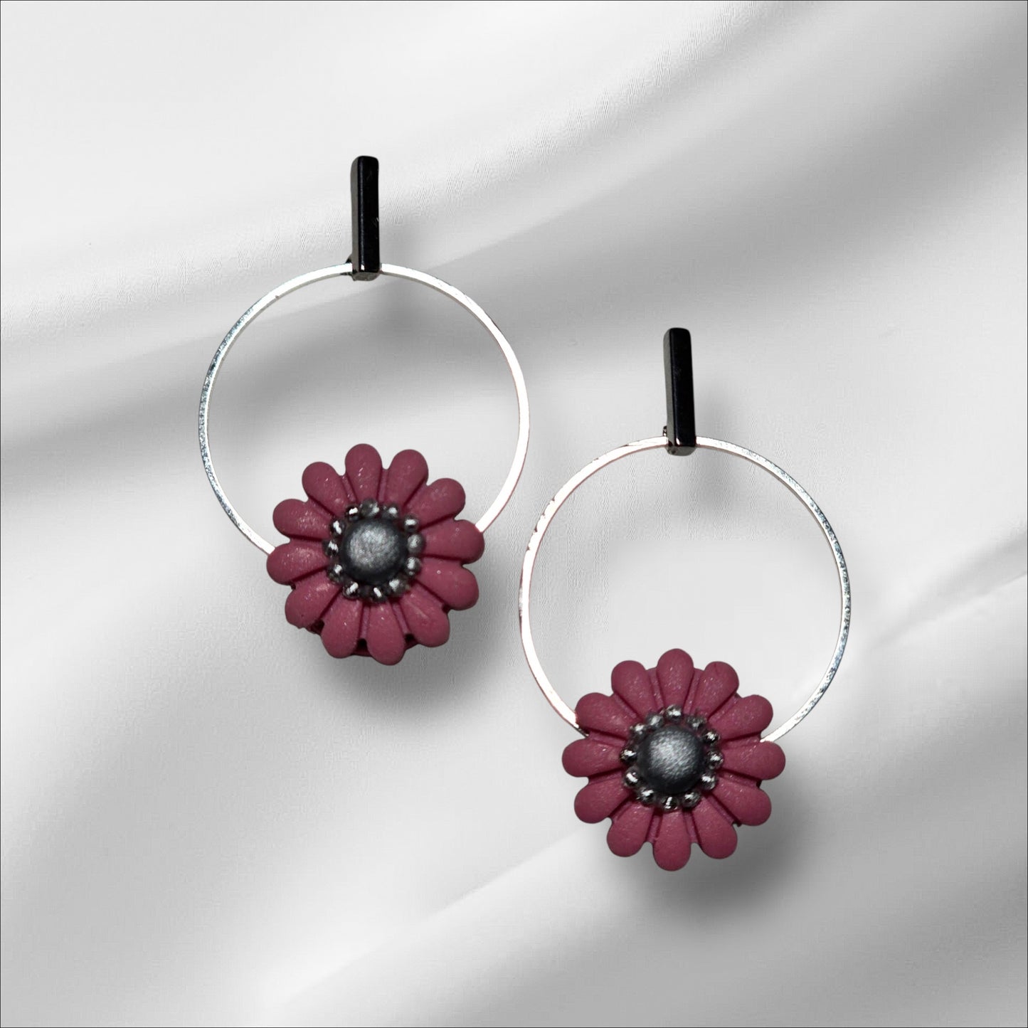 Whimsical Pink Flower on Hoop Earrings