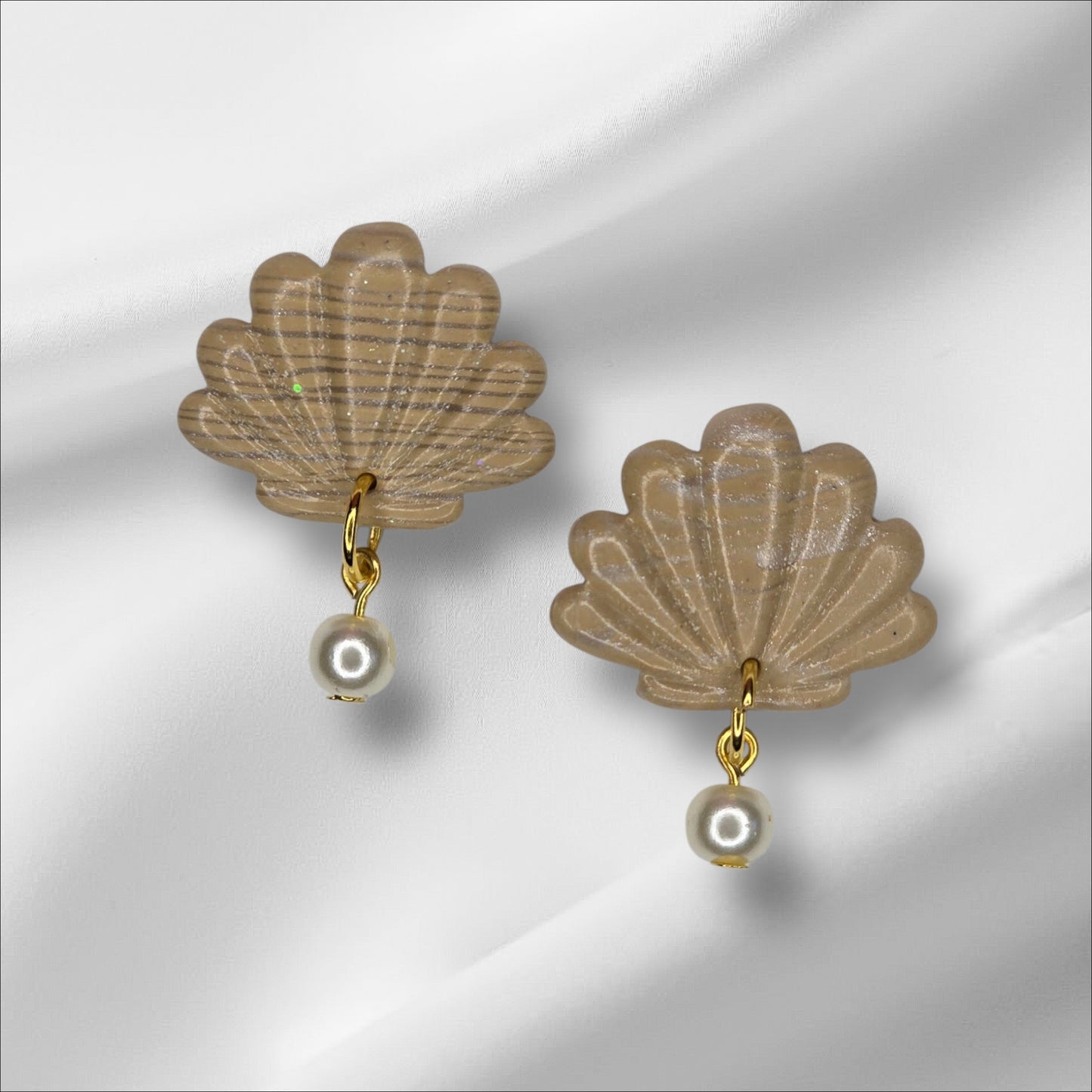 Tan Stripe Shell Earrings with Pearl