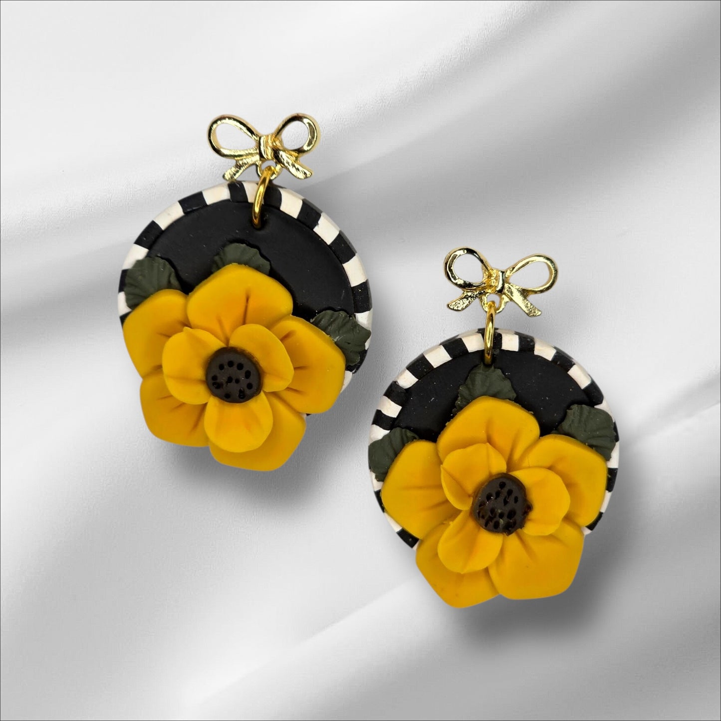 Round Dangle with Black and White Edge and Sunny Yellow Flower Earrings
