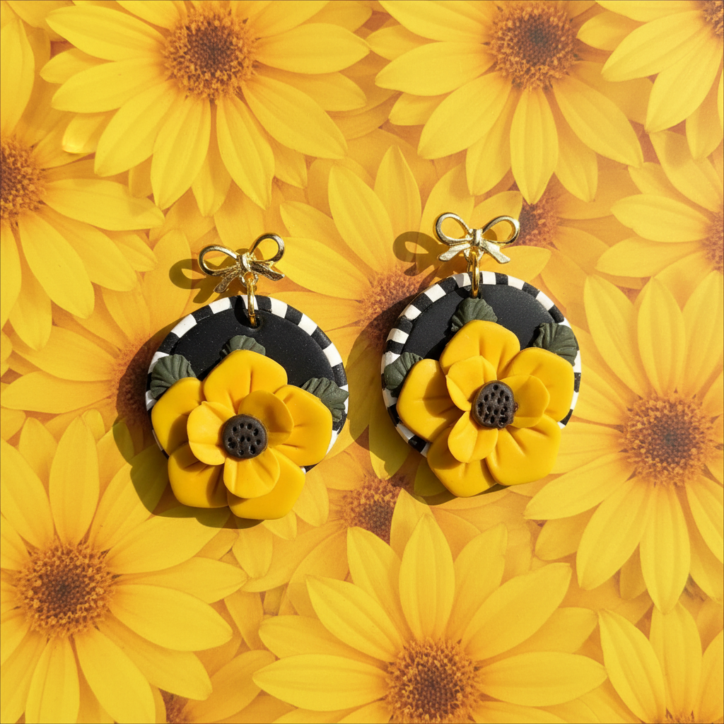 Round Dangle with Black and White Edge and Sunny Yellow Flower Earrings