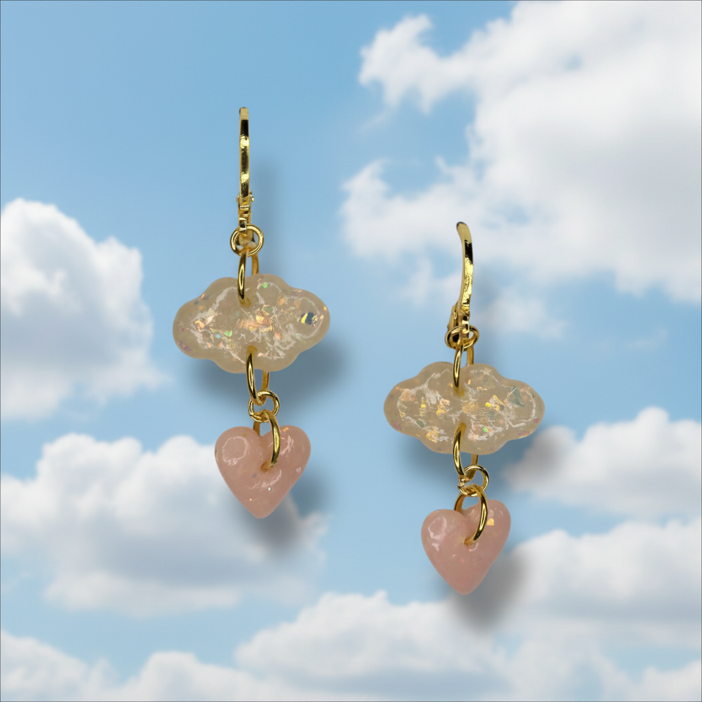 Whimsical Cloud With Heart Raindrop Earrings