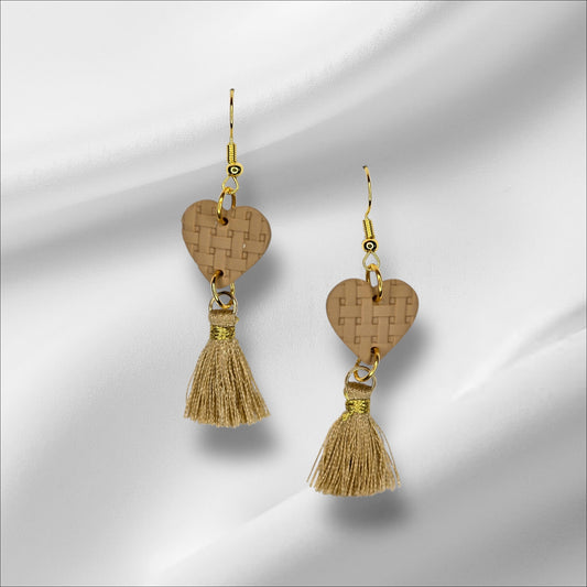 Tan Lattice Heart with Gold Tassel Earrings