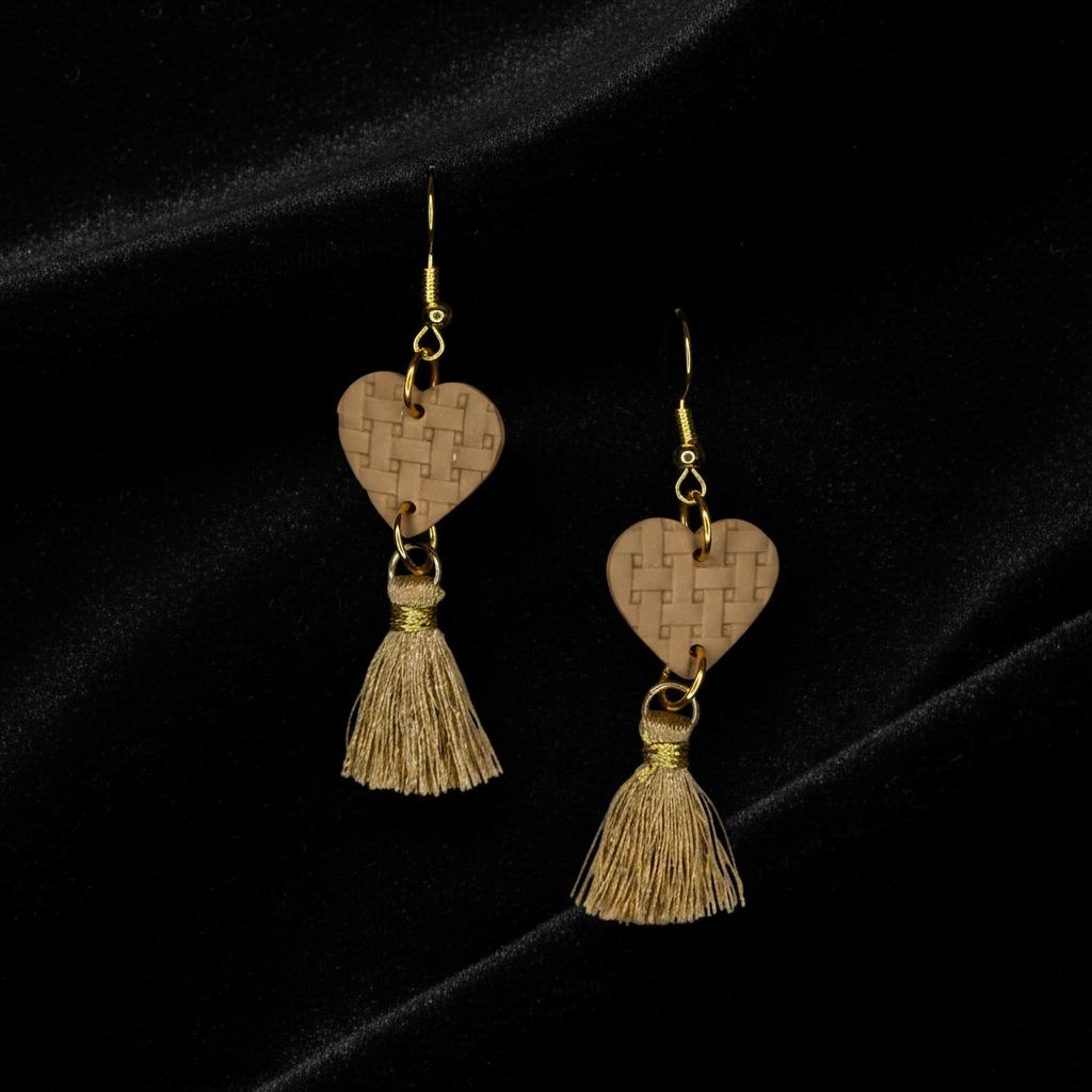 Tan Lattice Heart with Gold Tassel Earrings