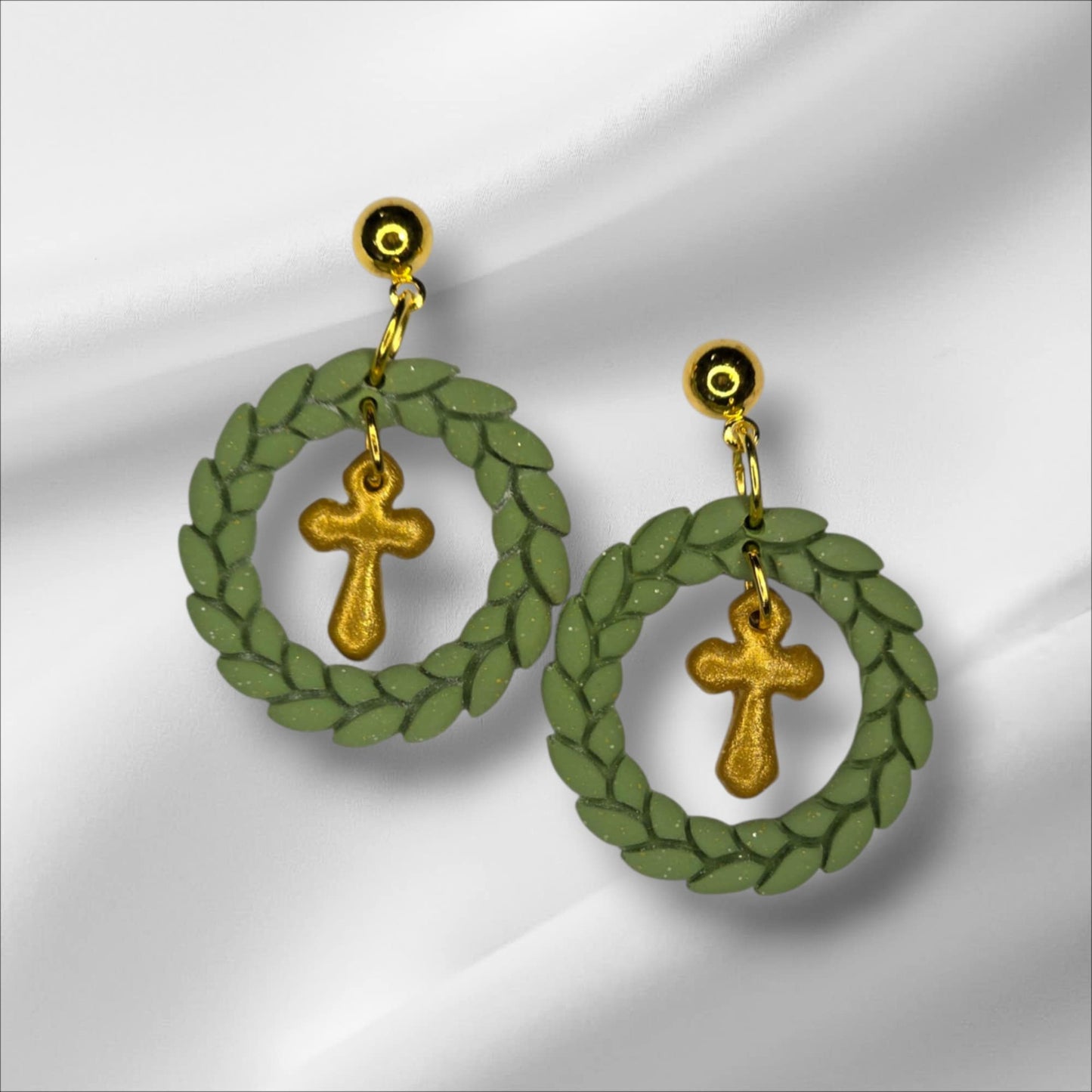 Gold Cross with Wreath Earring