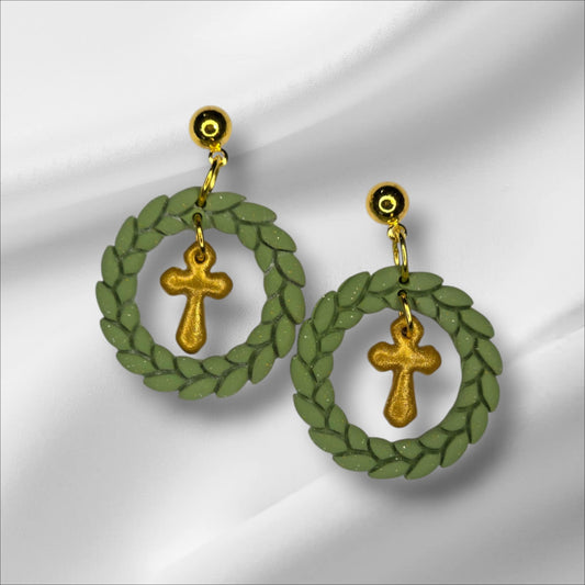 Gold Cross with Wreath Earring