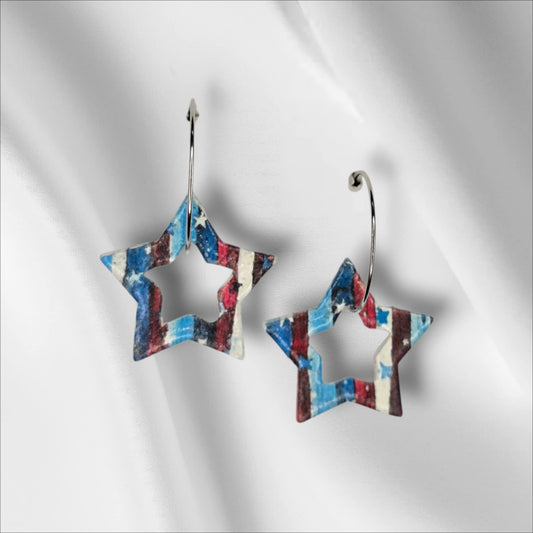 Star Shape with American Flag Print on a Hoop Earring
