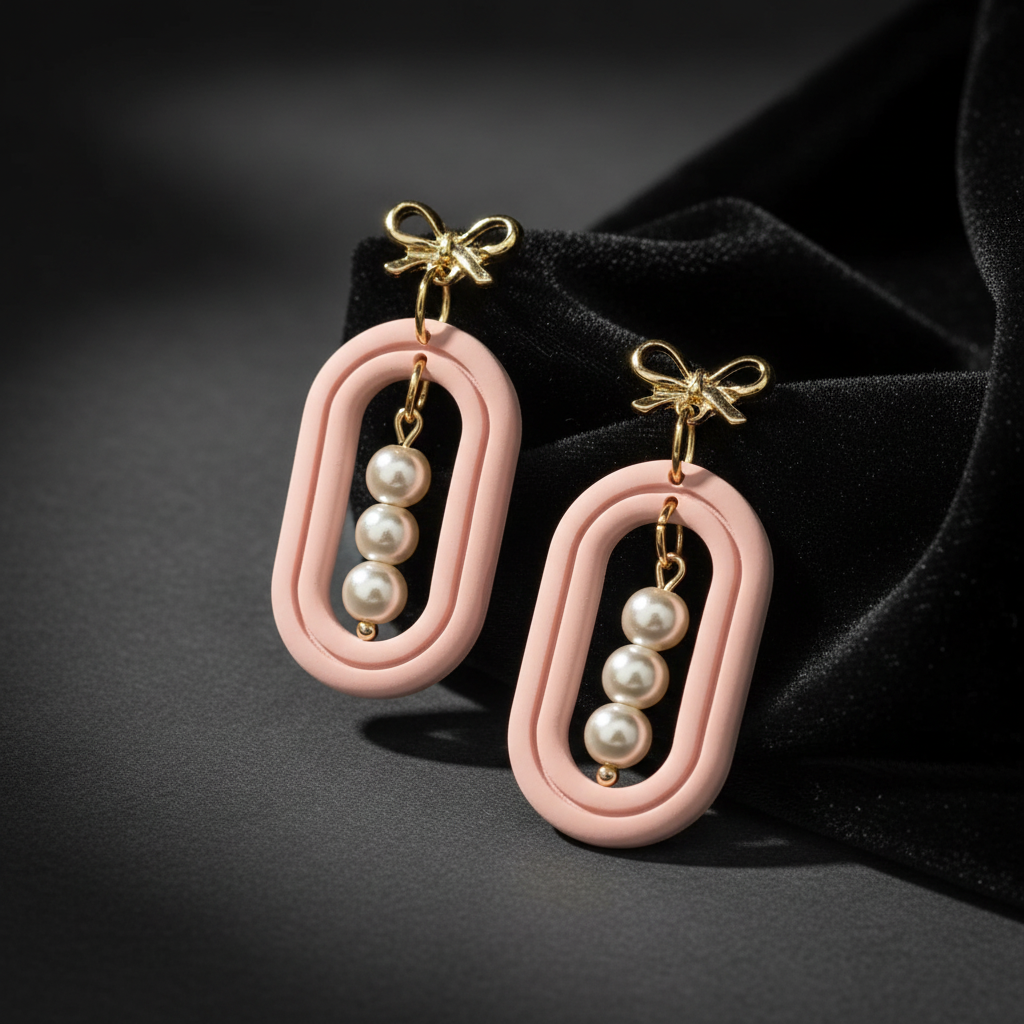 Pink Oval and Pearls with Bow Stud Earring