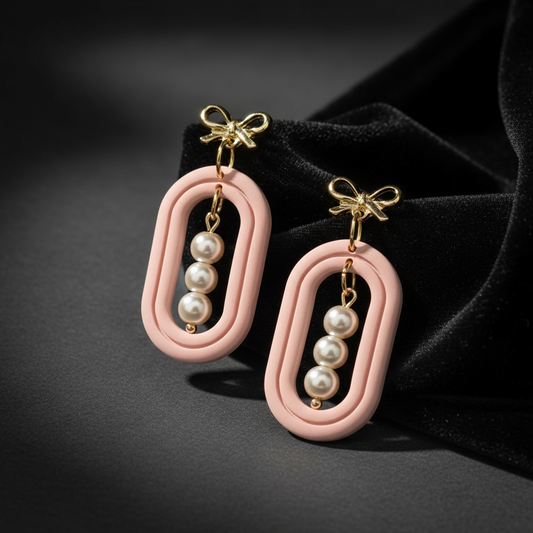 Pink Oval and Pearls with Bow Stud Earring