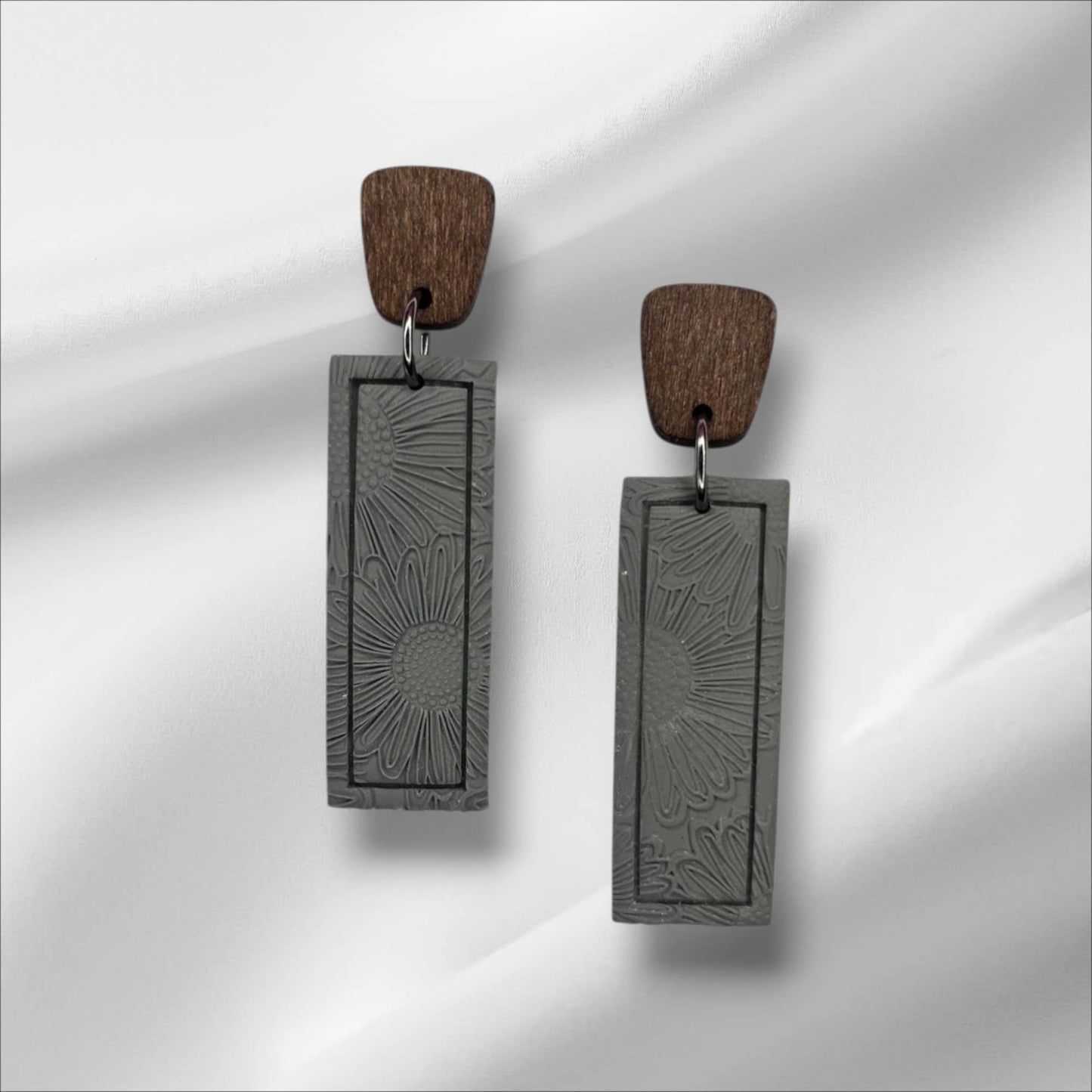 Delicate Flower Embossed Earring with Wooden Accent