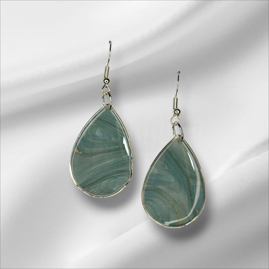 Teal Marble Teardrop Earring with a Silver Bezel