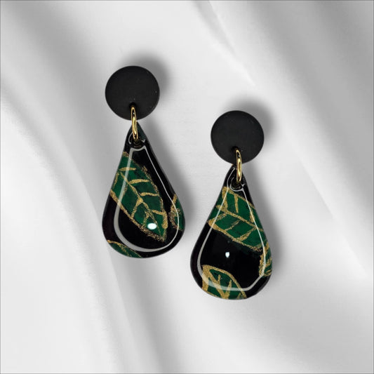 Sophisticated Black Teardrop with Leaf Design and UV Resin