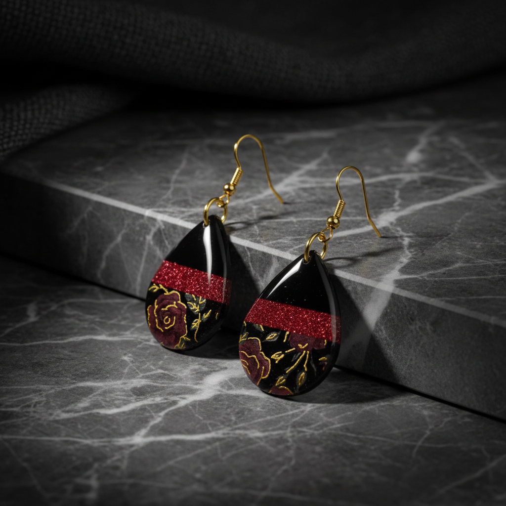 Black Teardrop Earring with Red and Floral Accents