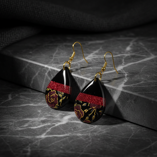 Black Teardrop Earring with Red and Floral Accents