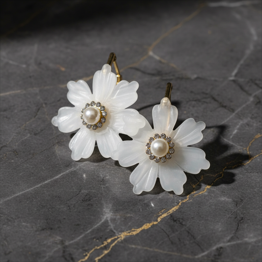 Elegant Flower with Pearl Center Stud Earring