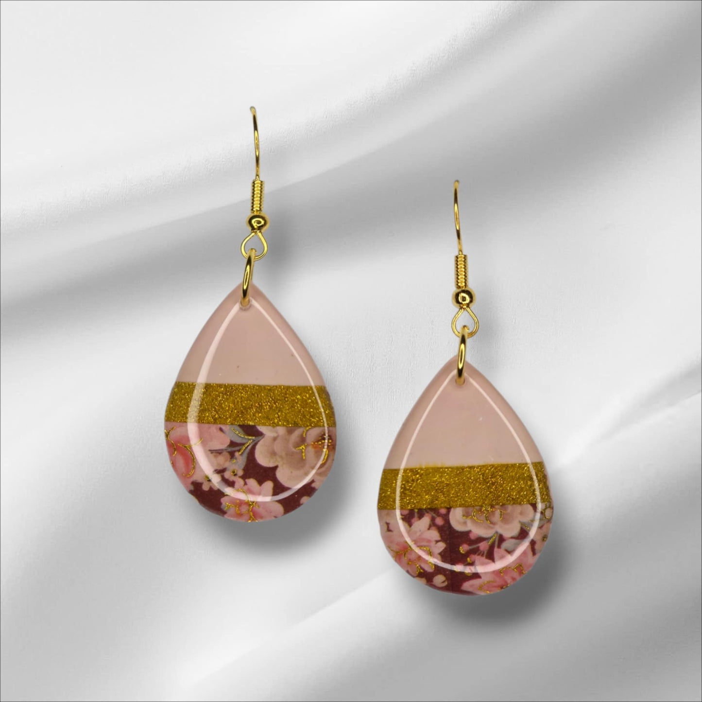 Pink Teardrop Earring with Gold and Floral Accents