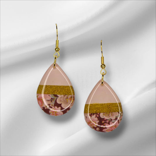Pink Teardrop Earring with Gold and Floral Accents
