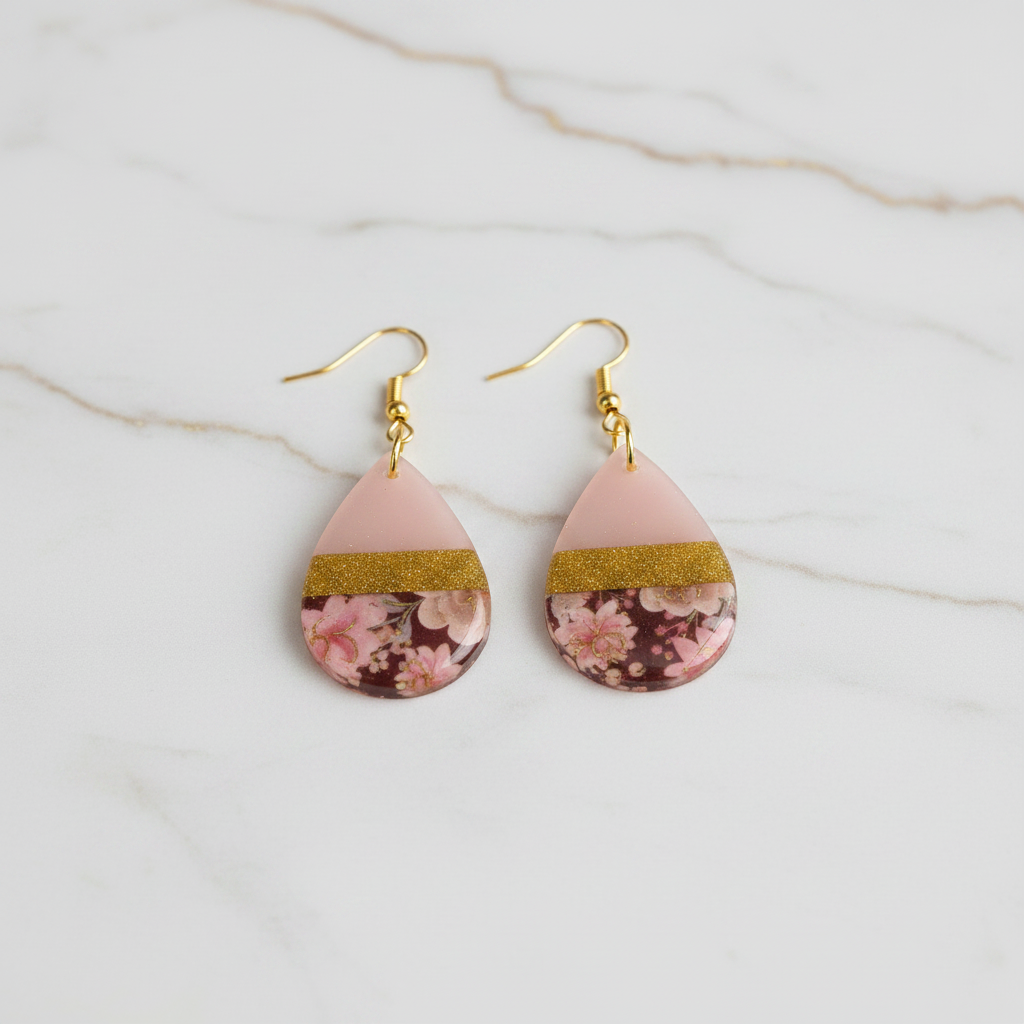 Pink Teardrop Earring with Gold and Floral Accents