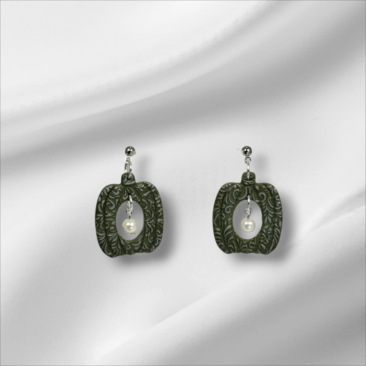 Boho Green Pumpkin with a Pearl Accent Earring