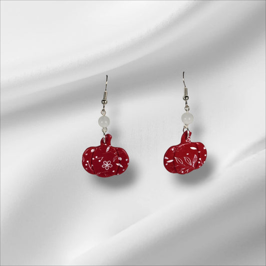 Red Pumpkin with White Floral Ascent Earring