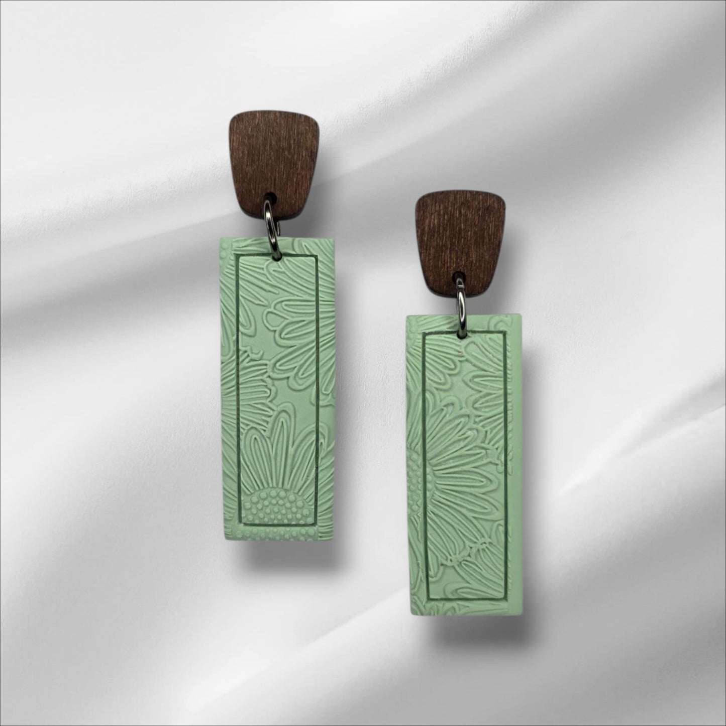 Delicate Flower Embossed Earring with Wooden Accent
