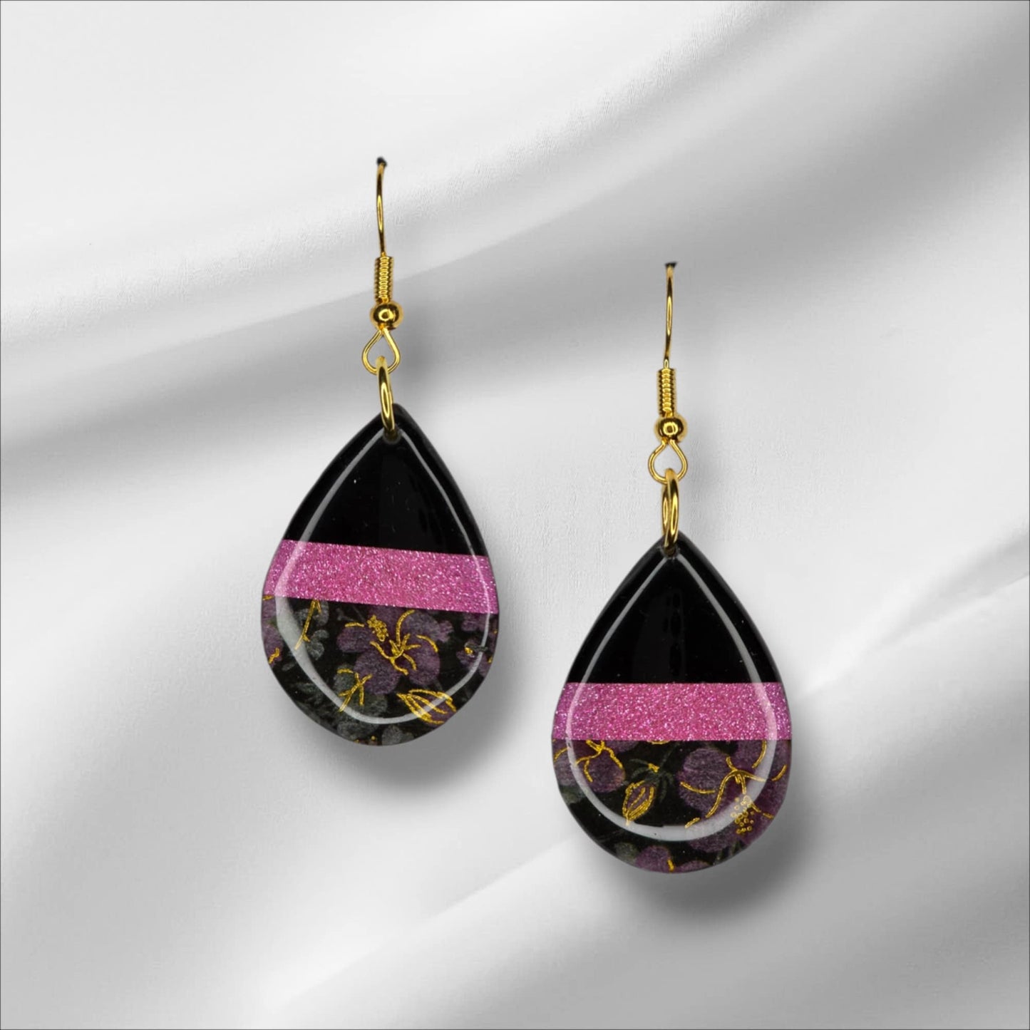 Black Teardrop Earring With Pink and Floral Accents