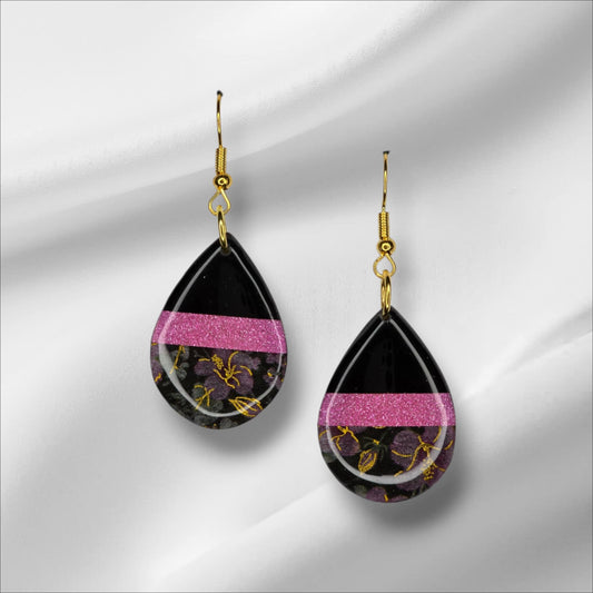 Black Teardrop Earring With Pink and Floral Accents