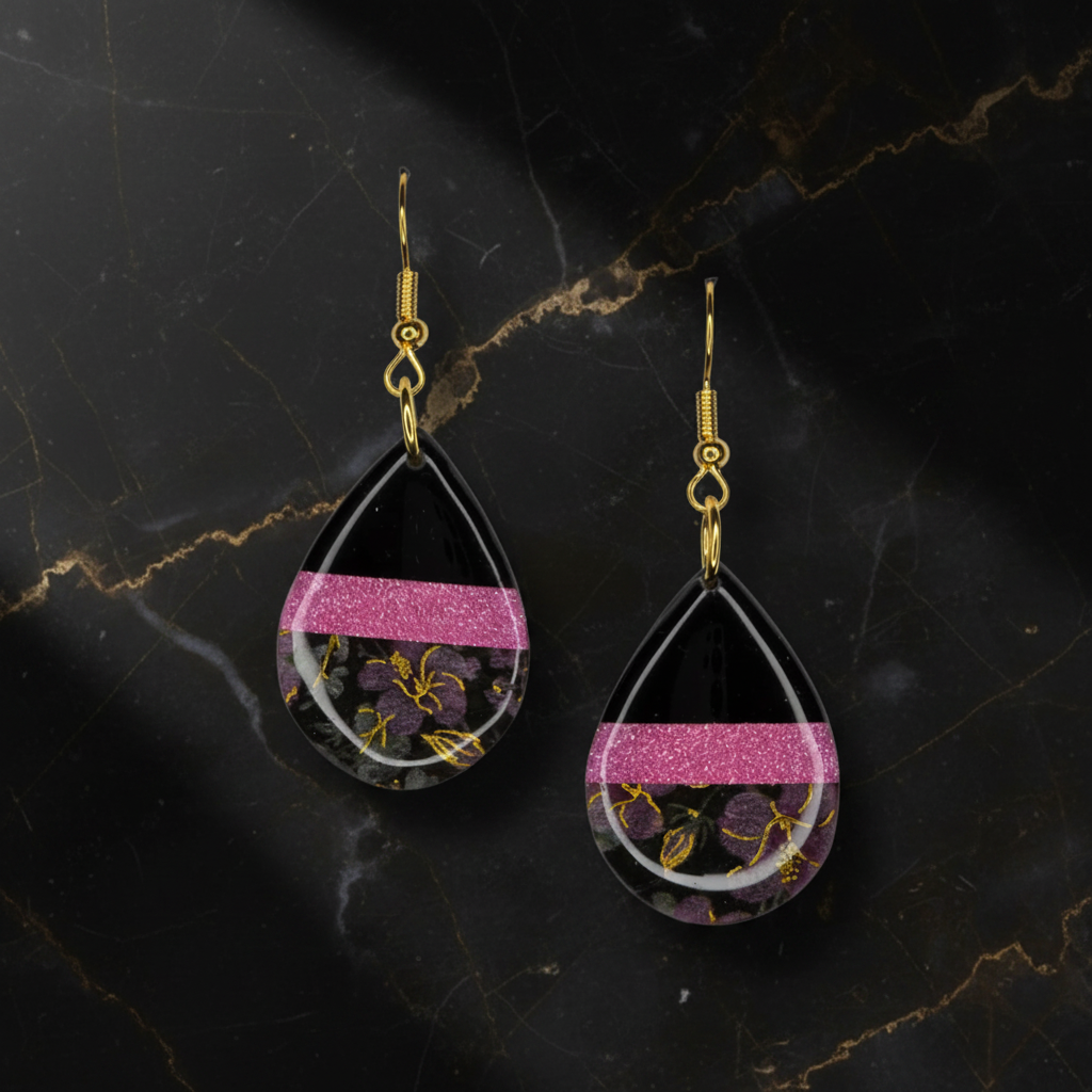 Black Teardrop Earring With Pink and Floral Accents