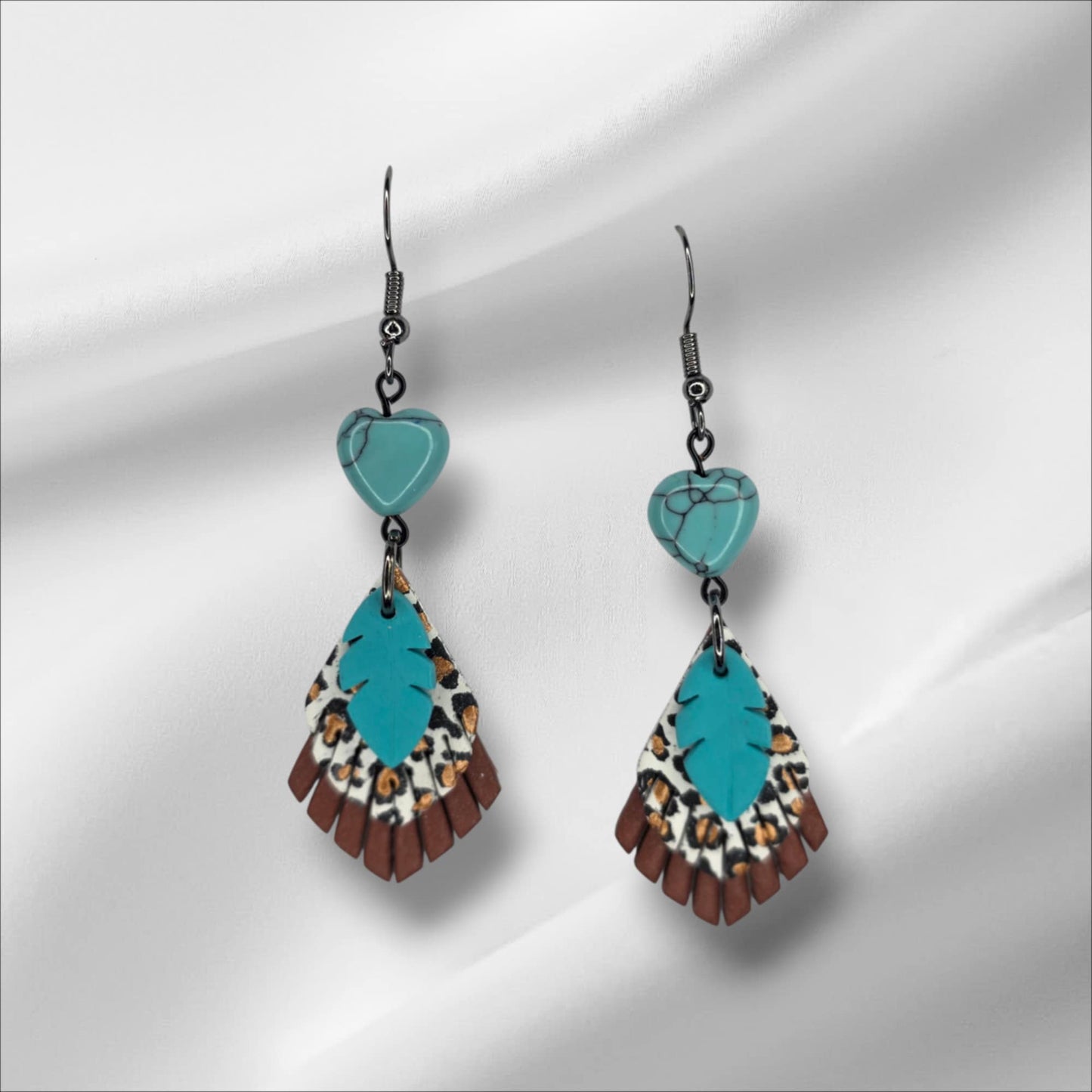 Turqoise Bead and Feather with Cheetah Earring