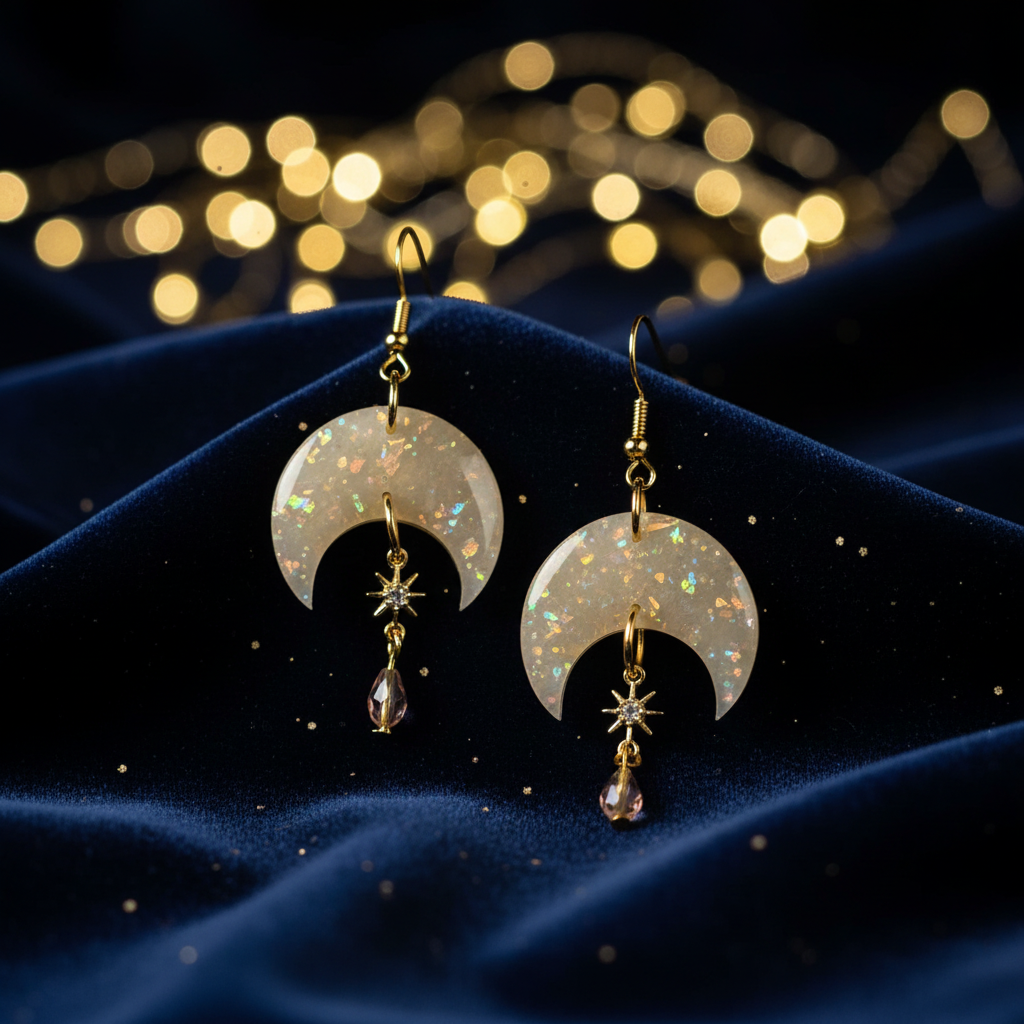 Opal Moon with a Star Charm Earring