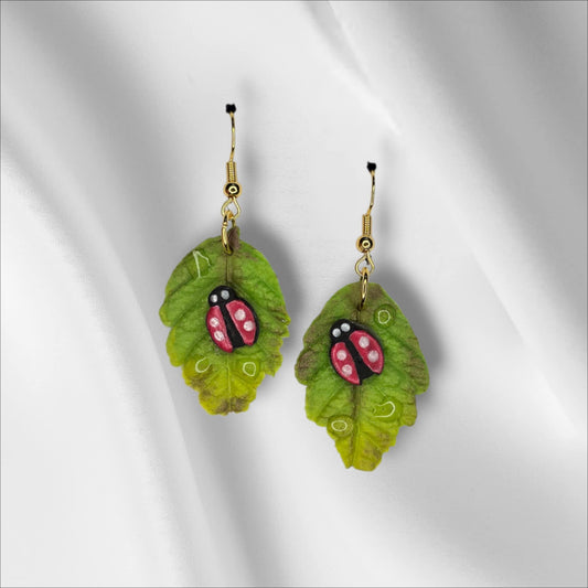 Lady Bug on a Leaf Dangle Earring