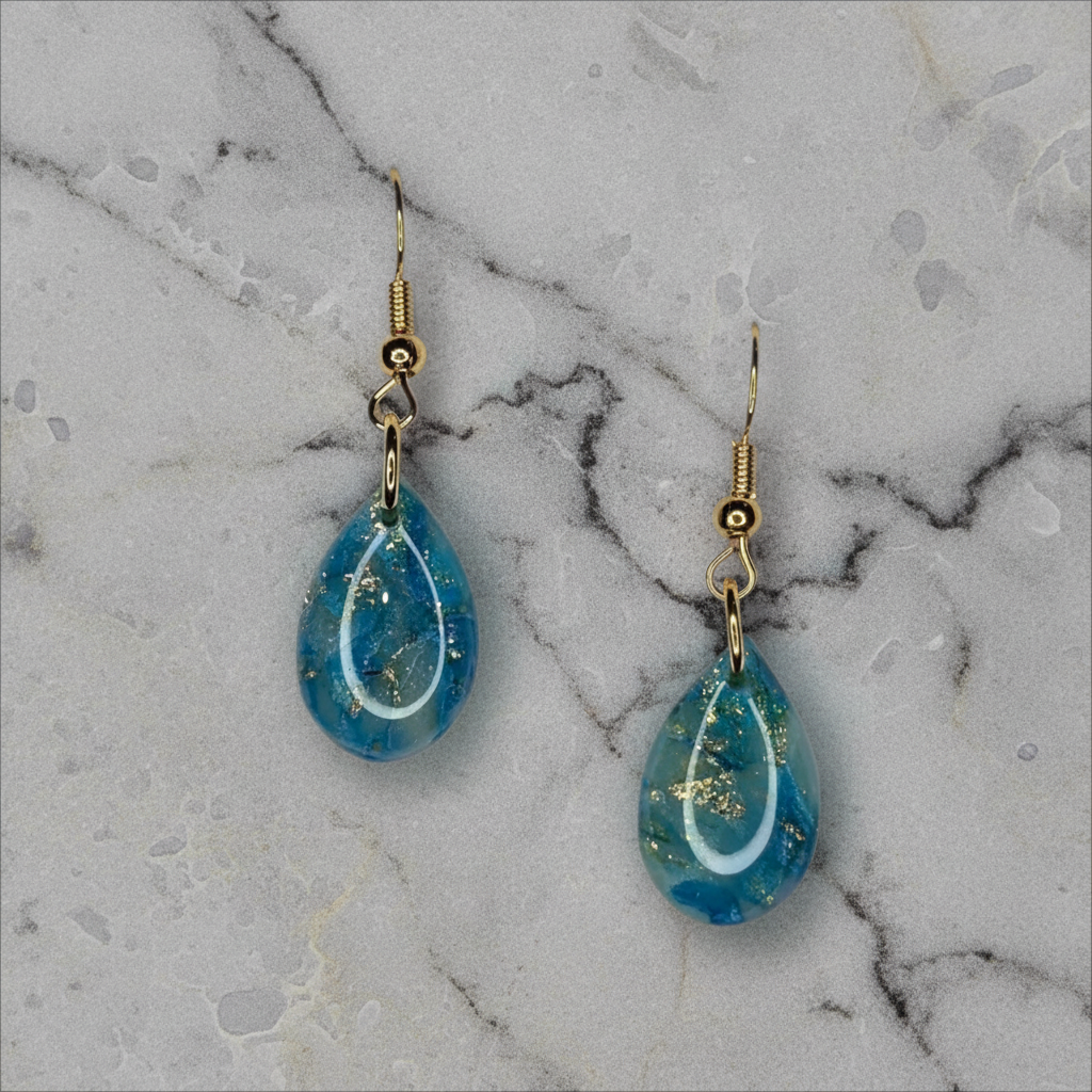 Small Blue Teardrop with Gold Flake and UV Resin