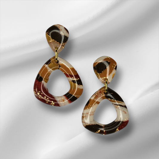 UV Resin Coated Browns, Deep Red and Gold With Gold Foil Earrings
