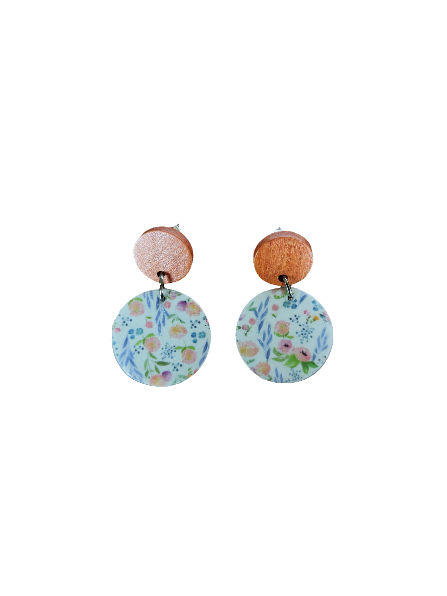 Floral Print Circle Earring with Wood Stud