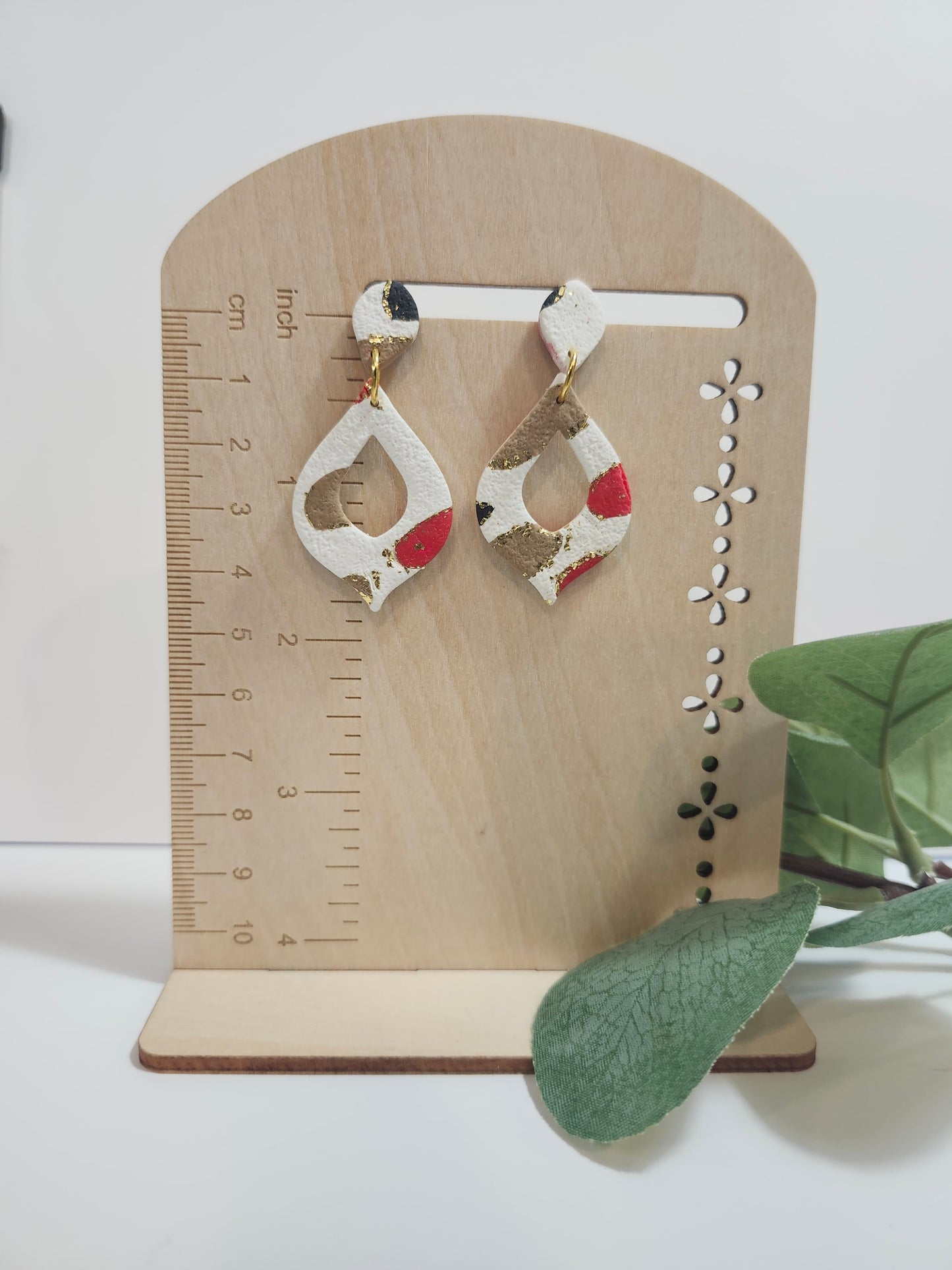 White, Navy, Red and Tan Teardrop Earrings