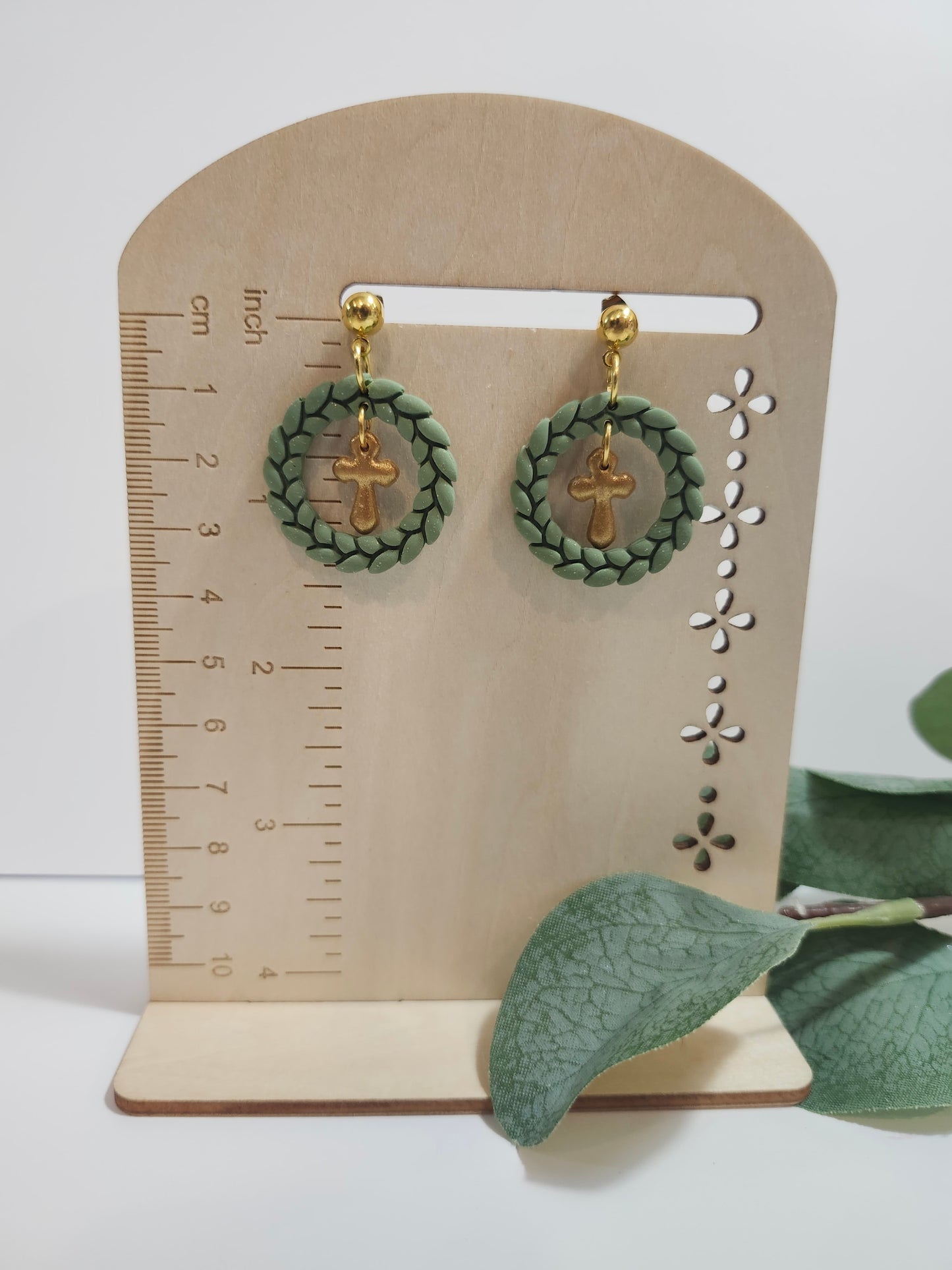 Gold Cross with Wreath Earring
