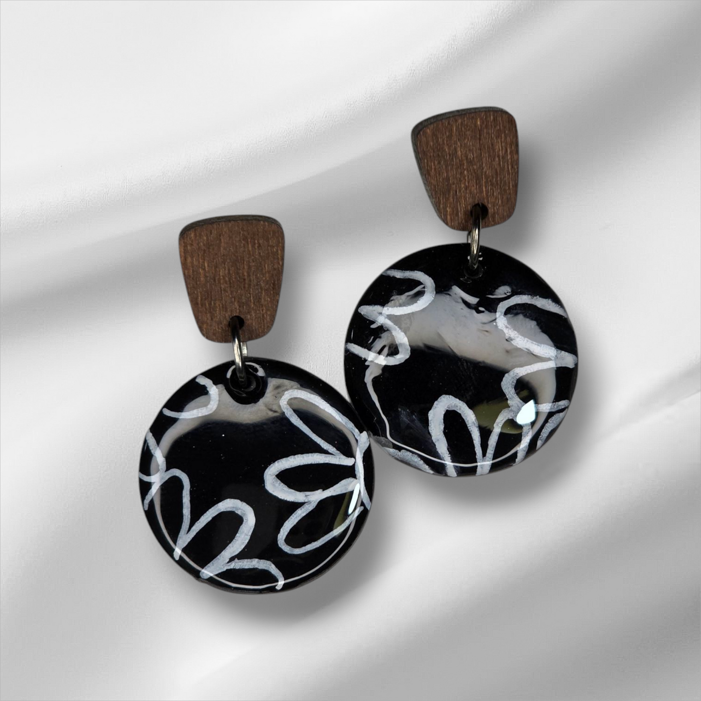 Black With Flower UV Resined Earrings